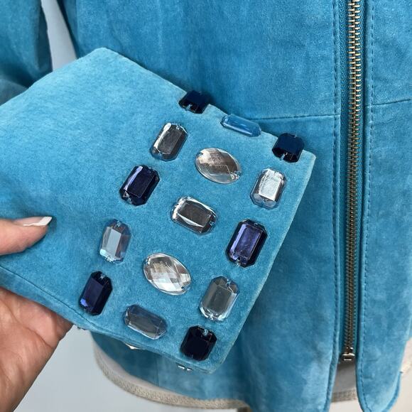 Karen Arnold Jacket Blazer size Large Aqua Agean Green Suede Leather Blue Jewels - Picture 5 of 8